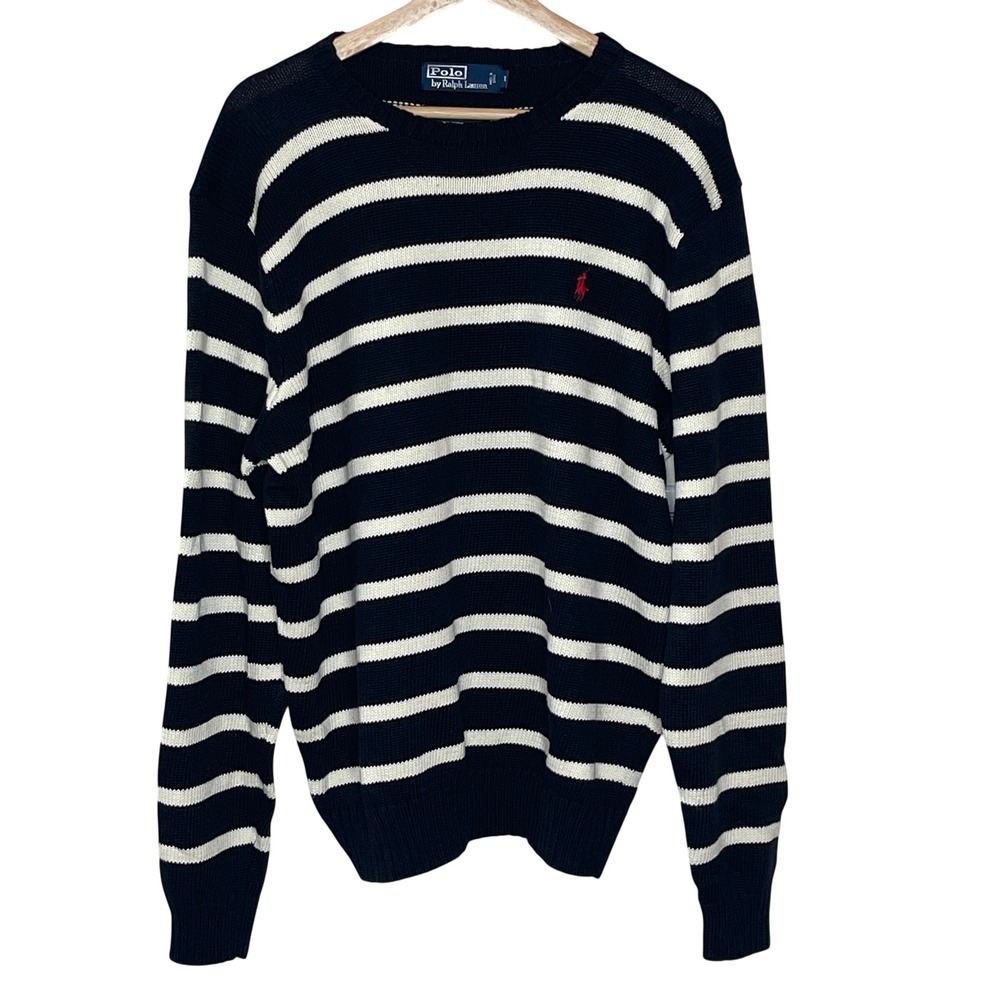 Polo Ralph Lauren Mens XL Striped Cotton Knit Crewneck Sweater Black White